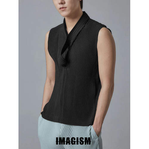 IMAGISM高級感日系三宅風褶皺休閒無袖系帶立領背心男春夏JK382