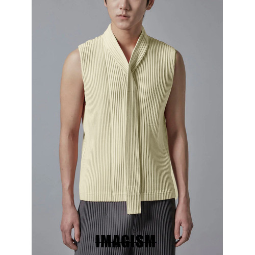 IMAGISM高級感日系三宅風褶皺休閒無袖系帶立領背心男春夏JK382