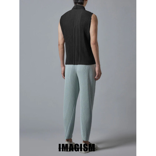 IMAGISM高級感日系三宅風褶皺休閒無袖系帶立領背心男春夏JK382