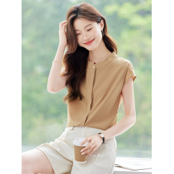 杏色v領短袖襯衫女2025夏季新款氣質職業裝上衣高級感輕薄女襯衣