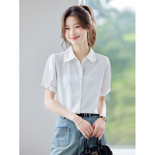 杏色v領短袖襯衫女2025夏季新款氣質職業裝上衣高級感輕薄女襯衣