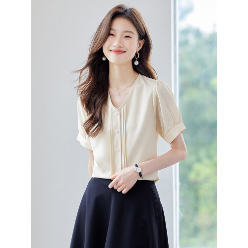 杏色v領短袖襯衫女2025夏季新款氣質職業裝上衣高級感輕薄女襯衣