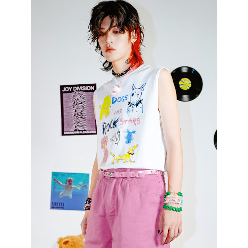 別閙BIZZCUT/狗狗明星/寬松手繪燙鑽可愛無袖t恤男背心女上衣坎肩