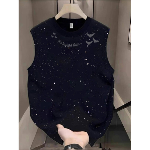 美式高街坎肩背心男女款夏季潮牌ins復古運動滿天星黑無袖純棉T恤