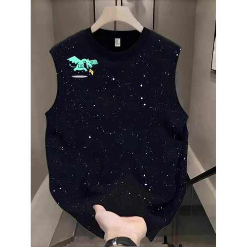 美式高街坎肩背心男女款夏季潮牌ins復古運動滿天星黑無袖純棉T恤