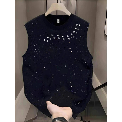 美式高街坎肩背心男女款夏季潮牌ins復古運動滿天星黑無袖純棉T恤