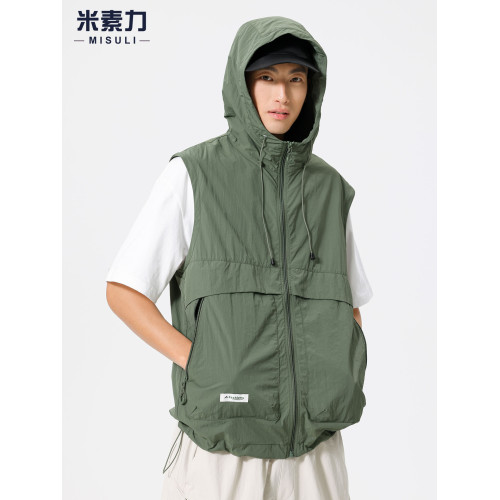 日系可拆卸冰絲涼感防曬衣男士無袖背心夏季薄款外搭開衫防曬服潮