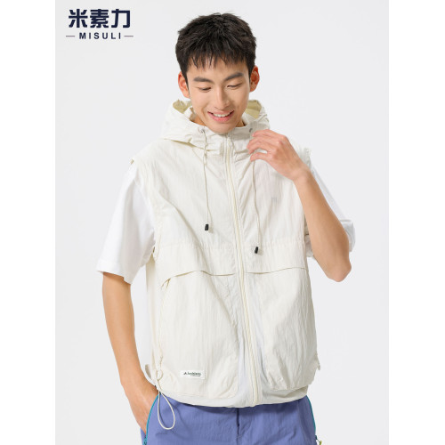 日系可拆卸冰絲涼感防曬衣男士無袖背心夏季薄款外搭開衫防曬服潮