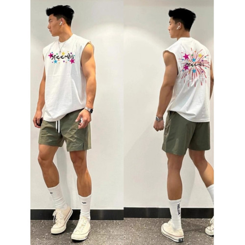 大碼300斤美式潮牌印花背心男裝夏季寬松休閒無袖T恤上衣汗衫體恤