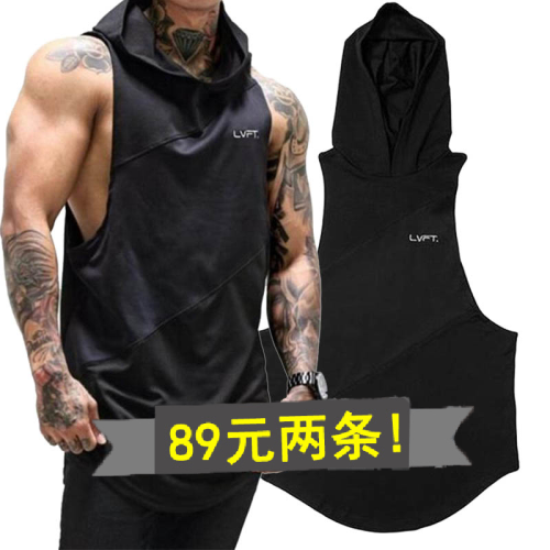 肌肉t恤兄弟健身訓練服連帽無袖運動男坎肩背心速乾透氣彈力帽衫