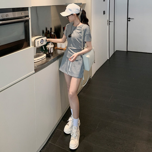 氣質小衆時尚運動套裝女夏季新款純色圓領短袖上衣抽繩短褲兩件套