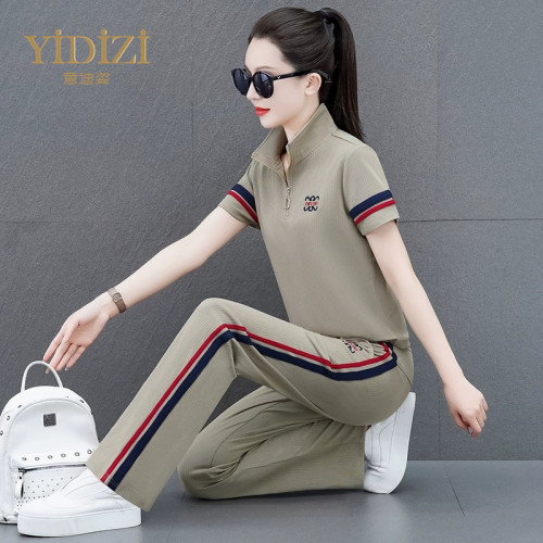 時尚減齡休閒運動套裝女夏2025新款刺綉冰絲薄款短袖跑步服兩件套