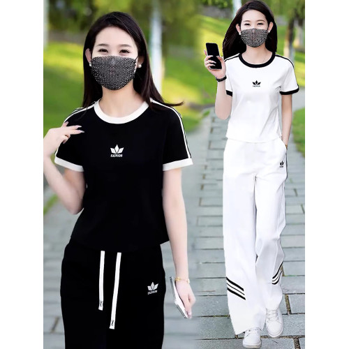 休閒運動套裝女2025夏季新款三葉草圓領短袖t恤濶腿褲跑步兩件套