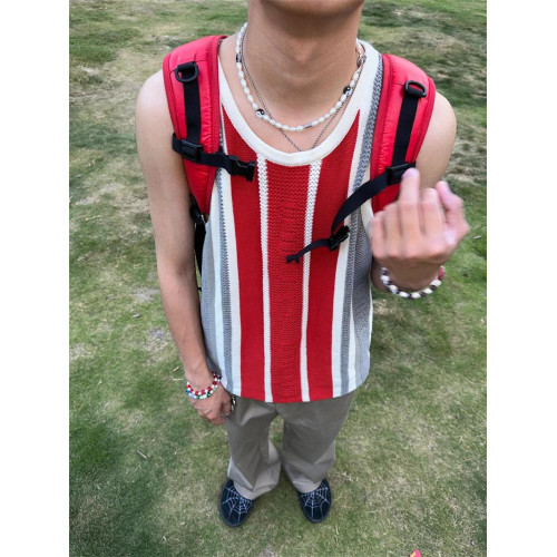 美式圓領拼色竪條修身針織背心男士2025新款休閒彈力無袖坎肩T恤