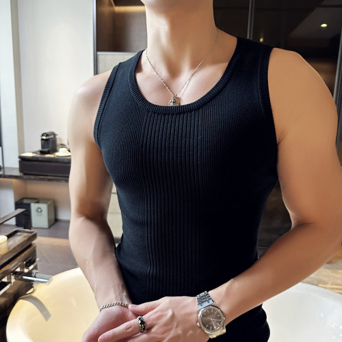 高檔背心男夏季薄款2025新款條紋針織無袖汗衫修身彈力舒適上衣男