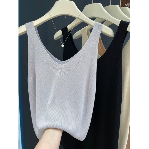 夏季V領冰絲吊帶衫露鎖骨純色襯衫內搭打底衫無袖上衣爆款背心