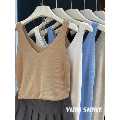 夏季V領冰絲吊帶衫露鎖骨純色襯衫內搭打底衫無袖上衣爆款背心