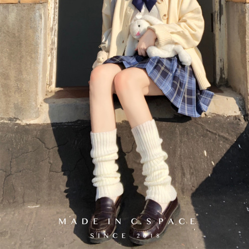 霧裡町襪套女秋白色堆堆襪女jk針織中筒襪腿套修飾腿型黑色泡泡襪