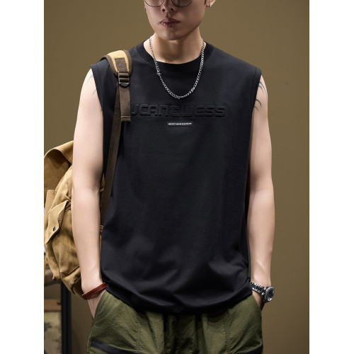 潮流立體鋼印無袖坎肩t恤男士夏季寬松大碼涼感簡約外穿運動背心