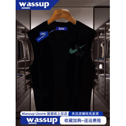 WASSUP純棉潮牌印花無袖背心男夏ins休閒運動坎肩寬松打底短袖t恤
