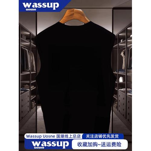 WASSUP純棉潮牌印花無袖背心男夏ins休閒運動坎肩寬松打底短袖t恤