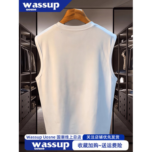 WASSUP純棉潮牌印花無袖背心男夏ins休閒運動坎肩寬松打底短袖t恤