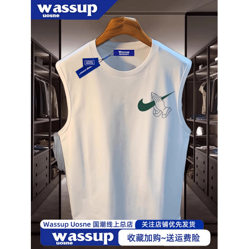 WASSUP純棉潮牌印花無袖背心男夏ins休閒運動坎肩寬松打底短袖t恤