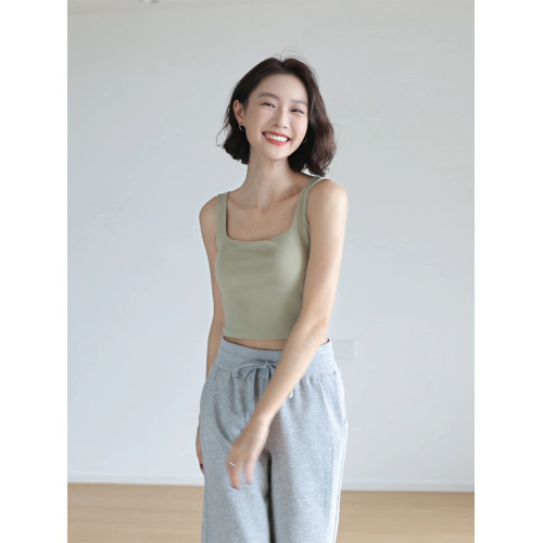 短款方領背心女帶胸墊辣妹性感美背防走光露臍打底無袖吊帶衫上衣