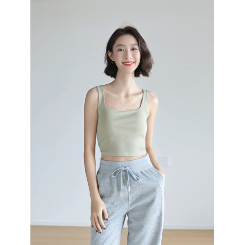 短款方領背心女帶胸墊辣妹性感美背防走光露臍打底無袖吊帶衫上衣