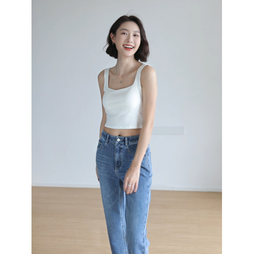 短款方領背心女帶胸墊辣妹性感美背防走光露臍打底無袖吊帶衫上衣