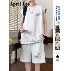 April Lee坎肩背心男套裝夏季冰絲薄款無袖t恤搭配短袖上衣兩件套