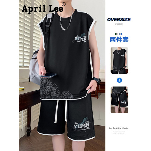 April Lee坎肩背心男套裝夏季冰絲薄款無袖t恤搭配短袖上衣兩件套