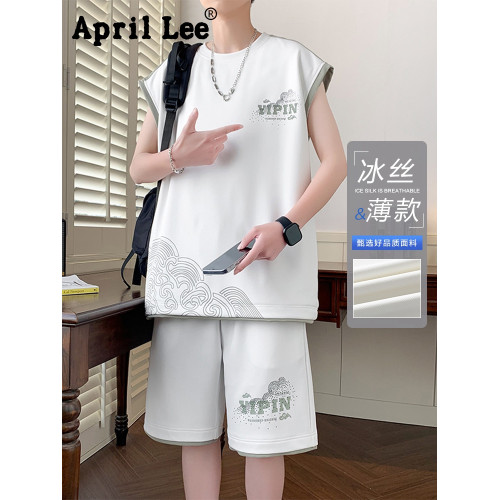 April Lee坎肩背心男套裝夏季冰絲薄款無袖t恤搭配短袖上衣兩件套