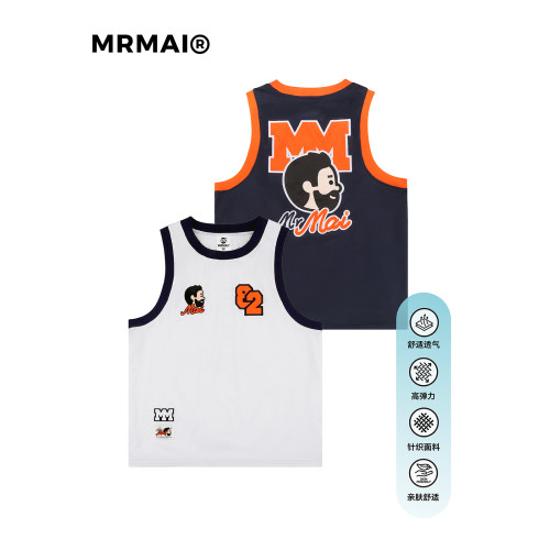 MRMAI CHIILL系列刺綉貼布綉白色藏青寬松雙層網眼運動籃球背心