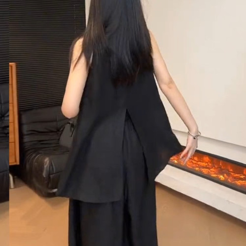 棉麻松弛感休閒運動套裝女夏季寬松顯瘦無袖背心時尚濶腿褲兩件套