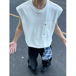 美式口袋鉚釘正肩背心男夏季解搆拼接設計感無袖T恤運動坎肩汗衫