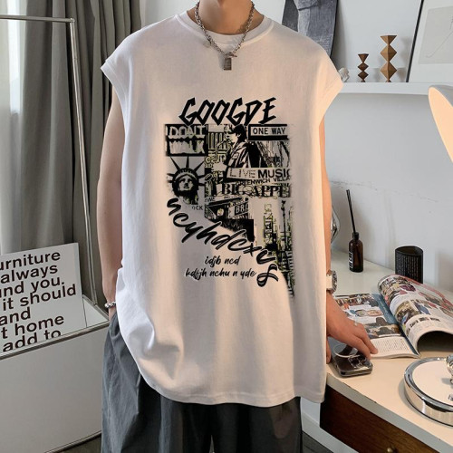 特大碼300斤純棉圓領坎肩背心男女裝夏季復古潮流寬松印花無袖T恤
