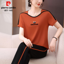 皮爾卡丹品牌休閒運動套裝女新款2025夏季時尚純色簡約透氣兩件套