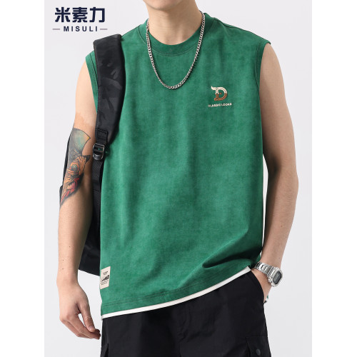 2025夏季新款美式高街背心男字母綉花寬松大碼休閒坎肩無袖T恤潮