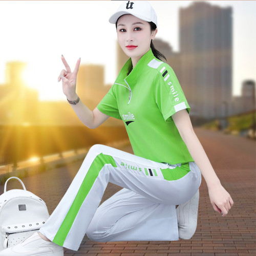 純棉立領運動套裝女夏季2025新款喇叭褲跳舞廣場舞服裝休閒兩件套