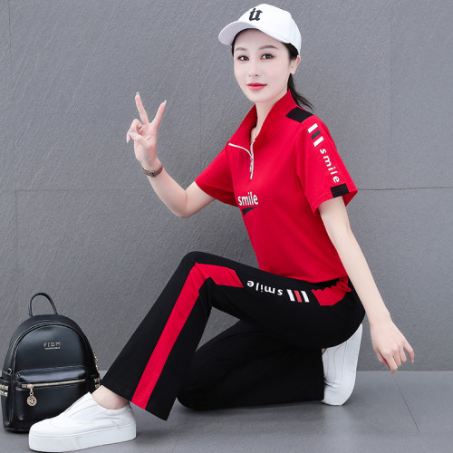 純棉立領運動套裝女夏季2025新款喇叭褲跳舞廣場舞服裝休閒兩件套