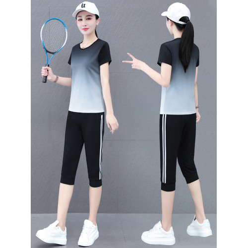 冰絲速乾運動套裝女夏季薄款跑步服新款大碼胖mm寬松七分褲兩件套