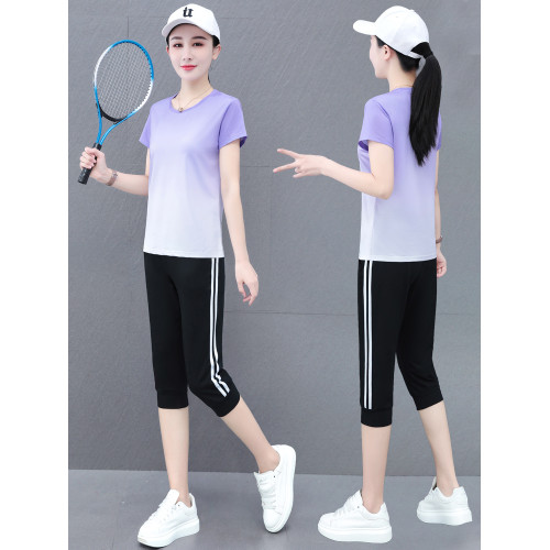 冰絲速乾運動套裝女夏季薄款跑步服新款大碼胖mm寬松七分褲兩件套