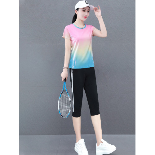 冰絲速乾運動套裝女夏季薄款跑步服新款大碼胖mm寬松七分褲兩件套