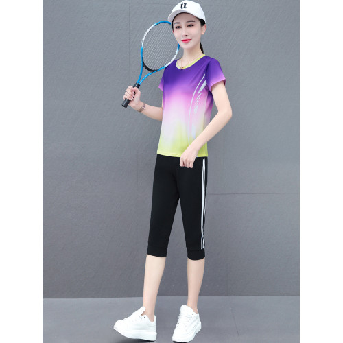 冰絲速乾運動套裝女夏季薄款跑步服新款大碼胖mm寬松七分褲兩件套