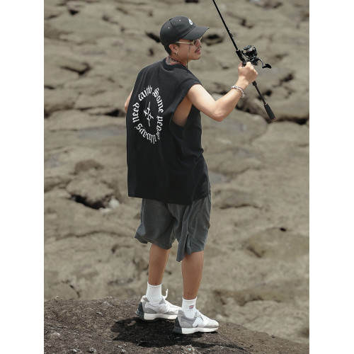 2025夏季新款日系復古寬松無袖t恤美式街頭汗衫印花運動背心男潮