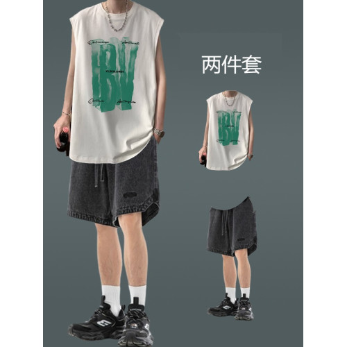 潮牌街頭背心男裝薄款無袖坎肩T恤穿搭牛仔短褲一套夏季休閒套裝