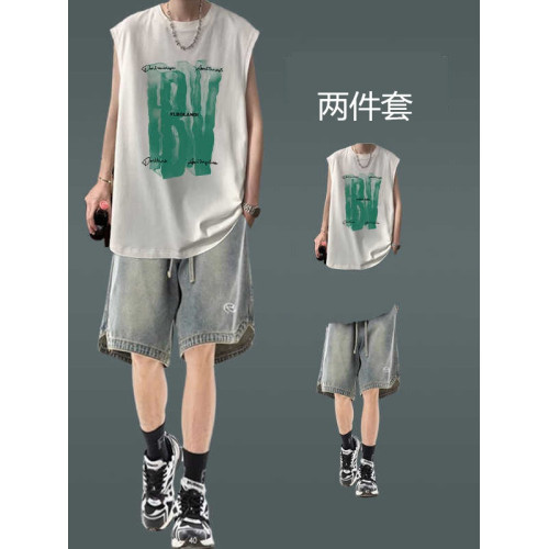 潮牌街頭背心男裝薄款無袖坎肩T恤穿搭牛仔短褲一套夏季休閒套裝