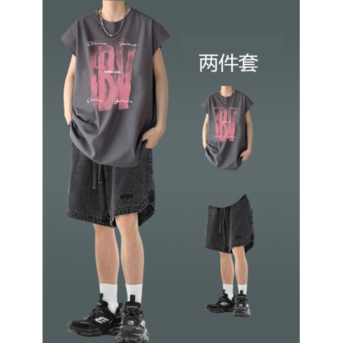 潮牌街頭背心男裝薄款無袖坎肩T恤穿搭牛仔短褲一套夏季休閒套裝