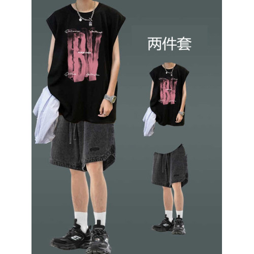 潮牌街頭背心男裝薄款無袖坎肩T恤穿搭牛仔短褲一套夏季休閒套裝